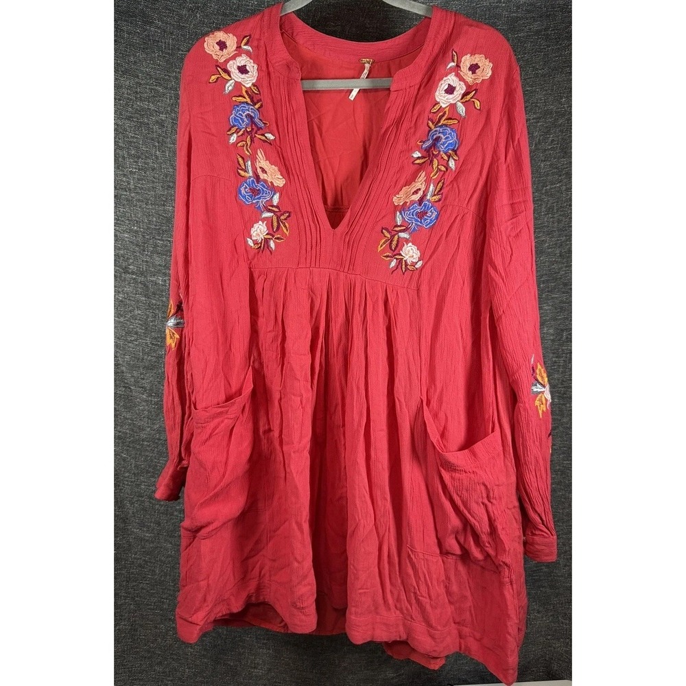 Free People Mia Gauze Pink Embroidered LS Mini Dress w/Pockets. Women's Small.
